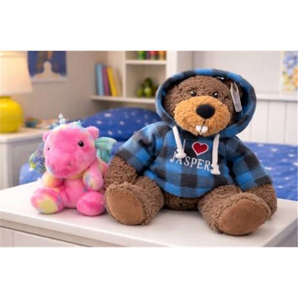 Stuffed Animal Lot: Beaver and Pink Unicorn Plush Toys
