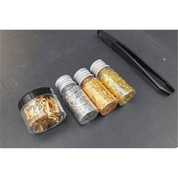 Gold, Silver, and Bronze Foil Flakes with Tweezers