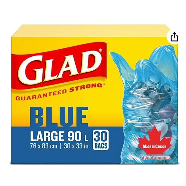 Glad Blue Large 90L Garbage Bags, 30 Count, Large ( 76×83 cm )
