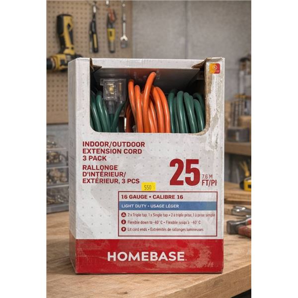 Homebase Indoor/Outdoor 3-Pack Extension Cord, 25 ft, 16-Gauge