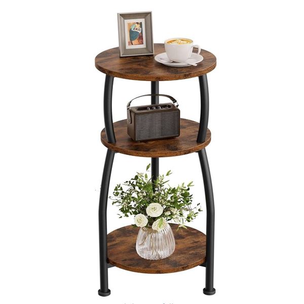 Yuede Small Round Side Table, 3-Tier End Table with Storage Shelf, Rustic Brown