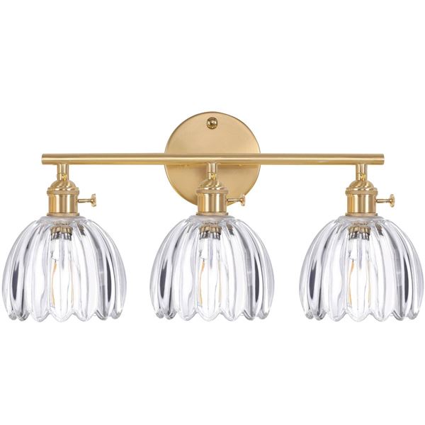 Bathroom Light Fixtures, 3-Light Brass Vanity Wall Light Over Mirror with Clear Tulip Glass Shade