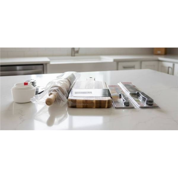 Goodcook Kitchen Lot Featuring Acacia Board, Knives, and Measuring Cups