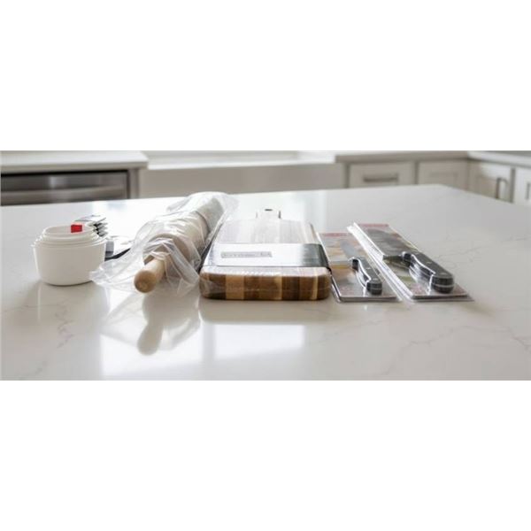 Goodcook Kitchen Lot Featuring Acacia Board, Knives, and Measuring Cups