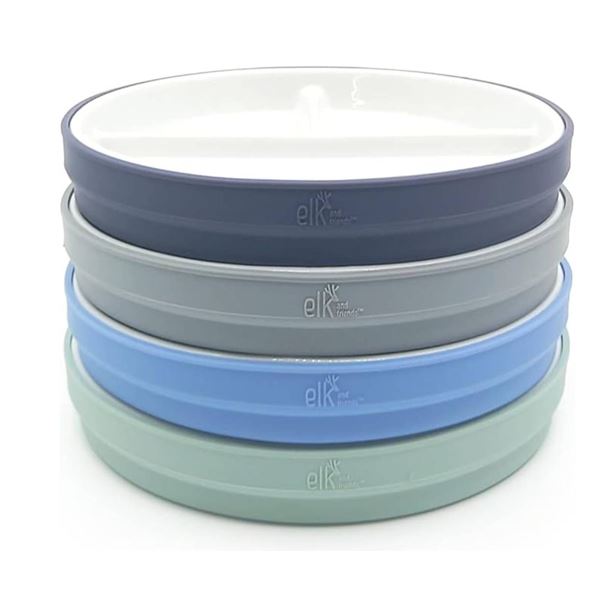 Elk and Friends Kids 6.7” Porcelain White Divided Plates with Silicone Sleeves | Suitable f