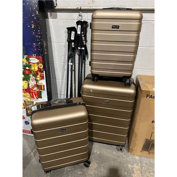 Pack & Fly 3-Piece Luggage Set Champagne 20-inch (cabin), 24-inch (medium), and 28-inch (large).