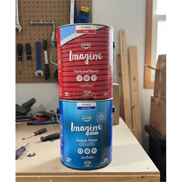 Lot of 2 Co-op Imagine Paint Cans: 1 Exterior Flat White and 1 Interior Eggshell Neutral