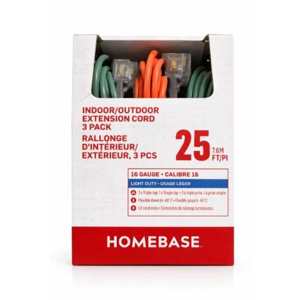 Homebase 25 ft Indoor/Outdoor Extension Cord 3-Pack, 16 Gauge