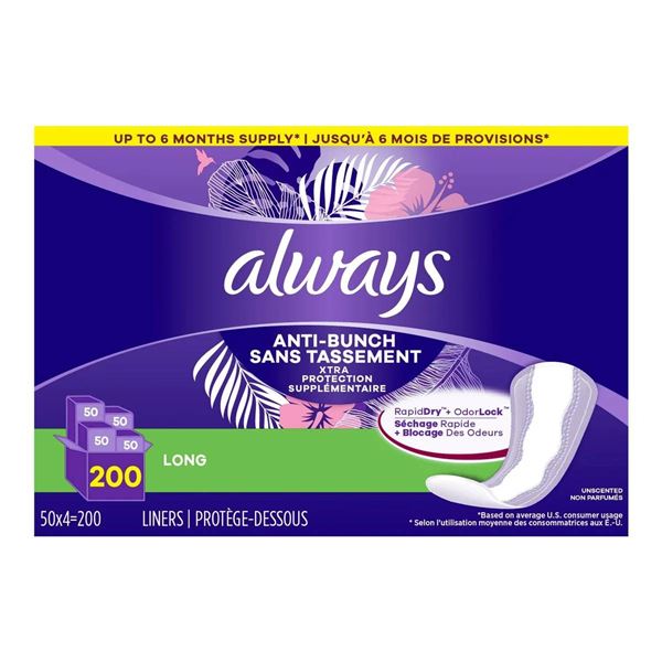 Always Long Liners, Anti-Bunch, 200 Count
