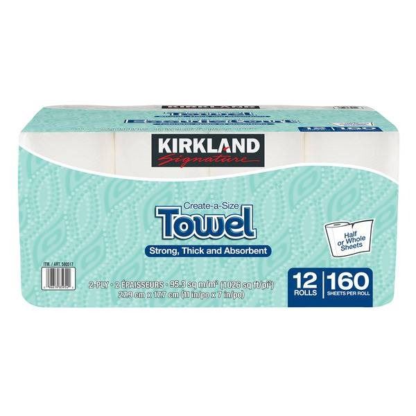 Kirkland Signature Create-a-Size Paper Towels, 12 Rolls, 160 Sheets Per Roll