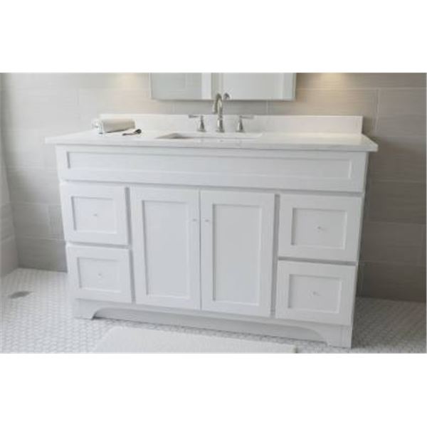 White Vanity Base, 4 Drawer, 2 cupboard doors. 48x21x34″ ***BASE ONLY -NO COUNTER TOP OR SI