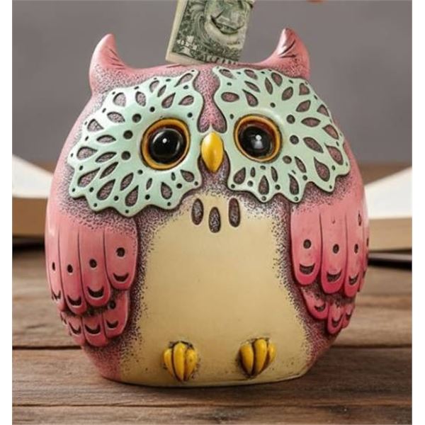 Ceramic Owl Figurine Coin Bank with Carved Details