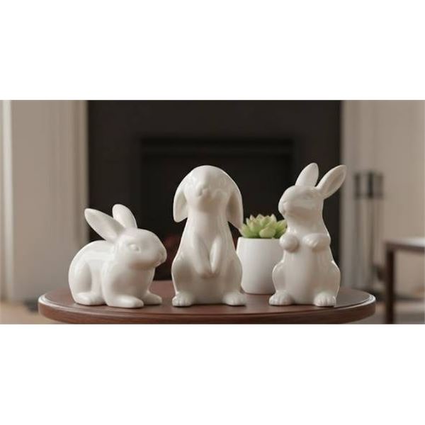 Lot of 3 White Ceramic Rabbit Decorations