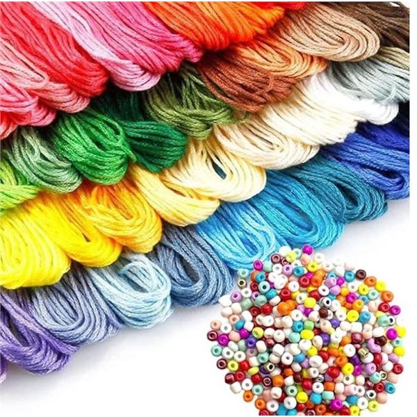 Embroidery Floss Rainbow Color Art Craft Yarn Set With Beads