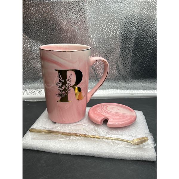 Pink Ceramic Mug with Lid, Gold Initial ‘R’, and Gold-Toned Spoon