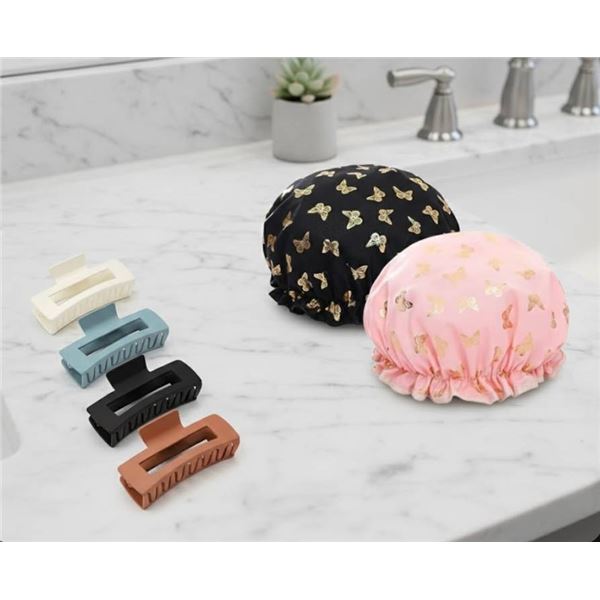 Lot of 3-Piece Shower Cap Set With 5 Piece Claw Hair Clips