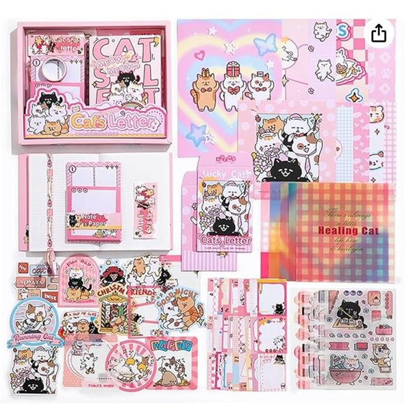 Auguro Cat Theme Cute Scrapbook Kit A6 Grid Notebook Kawaii Stationery Set Junk Journal Kit