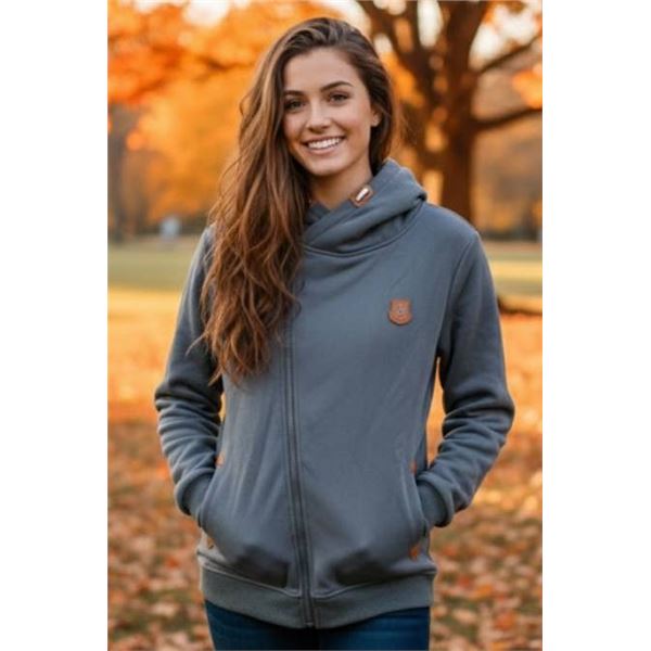 Gray Side Zip-Up Hoodie with Orange Anchor Patch, Size S