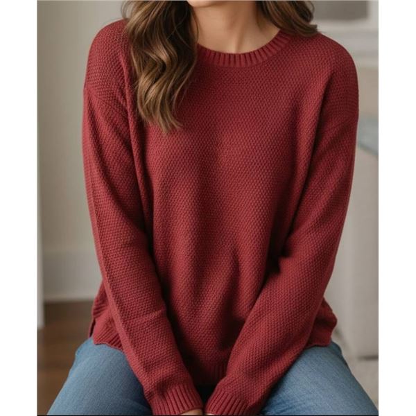 Red Acrylic Knit Sweater with Crew Neck and Long Sleeves