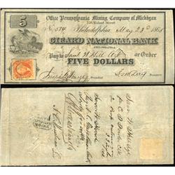 1865 Pennsylvania Mining Bank Check With Revene Stamp High Grade (CUR-06247)