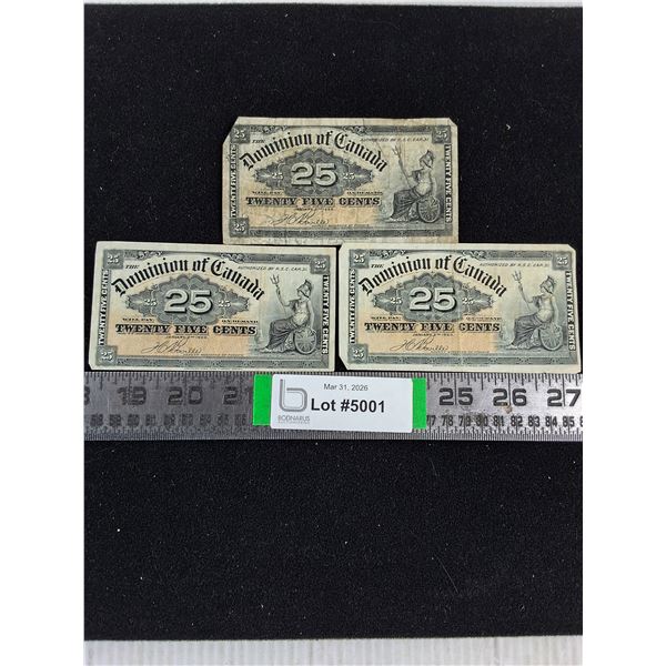 (3) Vintage Dominion of Canada 1900 "Shinplaster"-25 Cent Bank Note