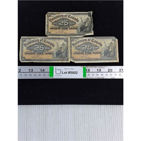 (3) Vintage Dominion of Canada 1900 "Shinplaster"-25 Cent Bank Note