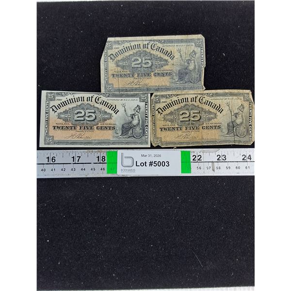 (3) Vintage Dominion of Canada 1900 "Shinplaster"-25 Cent Bank Note