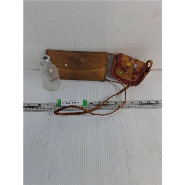 Hand Crafted Leather Wallet 7.5" And Small Purse 4", Glass Medicine Vial