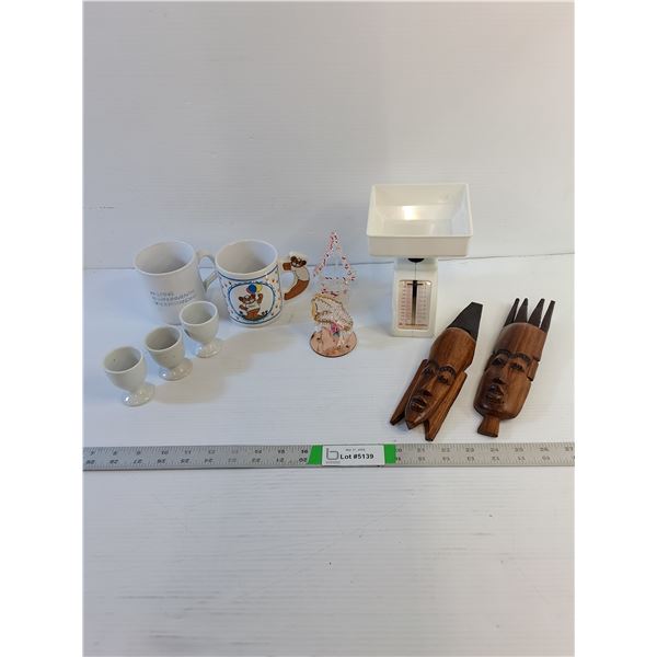 Assorted Kitchen/Decor - Scale, Masks, Piano, Egg Holders,  Mugs, Misc.