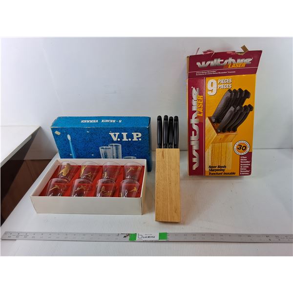 (8) Hunting Style Tumblers 3.5", Wooden Knife Block & (8) Knives