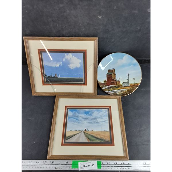 Co Op Grain Elevator Plate, (2) Wood Framed Prairie View Prints - Damaged Glass 12" x 10"