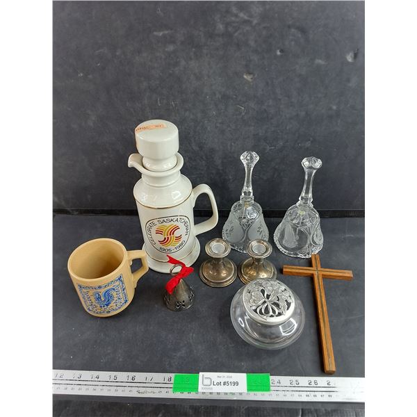 Ceramic Mug, Celebrate Saskatchewan Decanter, Candle Stick Silver Holders, Cross, Souvenir Bells