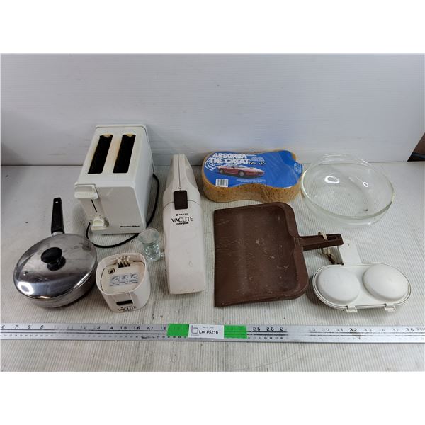 Proctor Silex Toaster - Powers On, 6" Pot w/Lid, Sanyo Cordless Vacuum, Carwash Sponge, Glass Bowl,