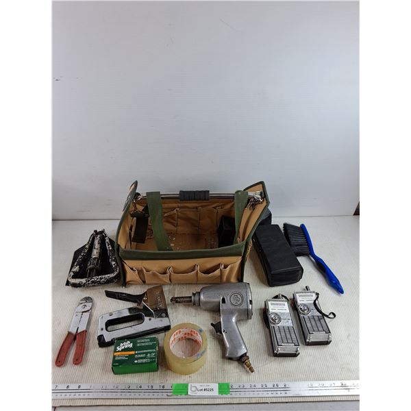 Tool Caddy, Air Impact Gun, Fairmate Walkie Talkie, Wire Stripper,Irish Spring Soap, Stanley Stapler