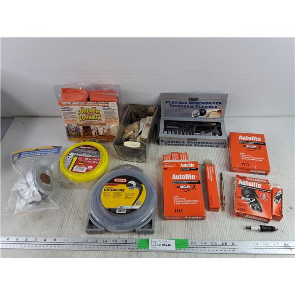 (8) Autolite Glow Plugs 1111k (4) Spark Plugs 2545, Flexible Screwdriver, Forearm Forklift, Lines
