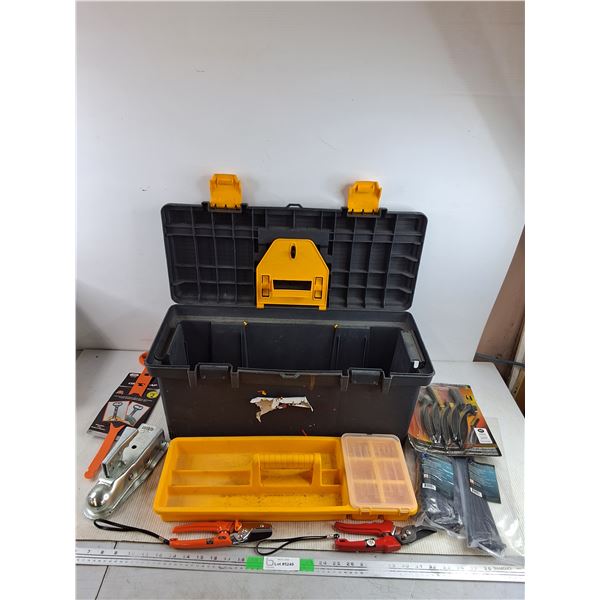 Plastic Tool Box 24" x 10" x 10", Wire Brush Set, Prunning Shears, Cord Straps, Hitch Coupler, Misc