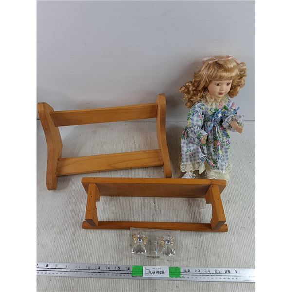 Wooden Shelves, Porcelain Doll 14", Crystal Angel Ornaments