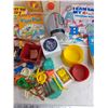 Image 6 : Coloring Books, Fisher Price Toy Musical Radio, Faux Leather Purse, Assorted Toys
