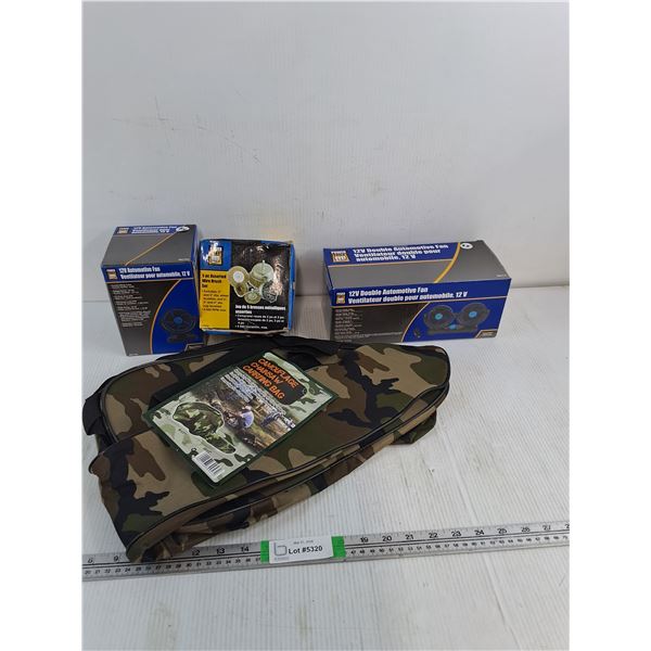 Camouflage Chainsaw Carrying Bag, Powerfist 12V Automotive Fan, (5) Piece Assorted Wire Brush Set, 1