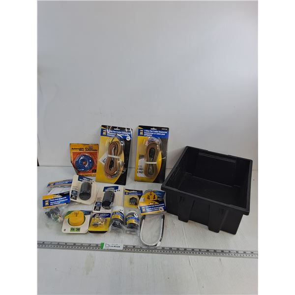 Mostly Wiring And Electrical Adapters, Wire Tester, #1156 Light Bulbs, Storage Tote 15"x12"x6