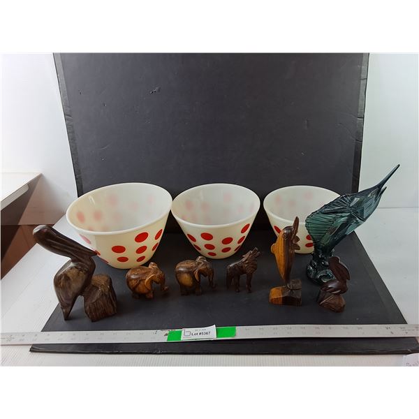 Wooden Animal Figurines, (3) Fire King Glass Bowls Up to 9.5" Diameter & Sword Fish Perfume Holder