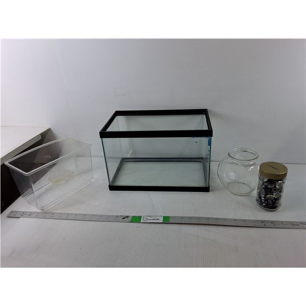 Glass Aquarium 14" x 87.25" x 9.5", Glass Vase, Decorative Stones, Misc - PICK UP