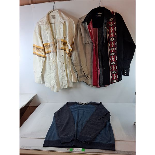 (2) Men's Western Style Shirts- L & Sweater- XL