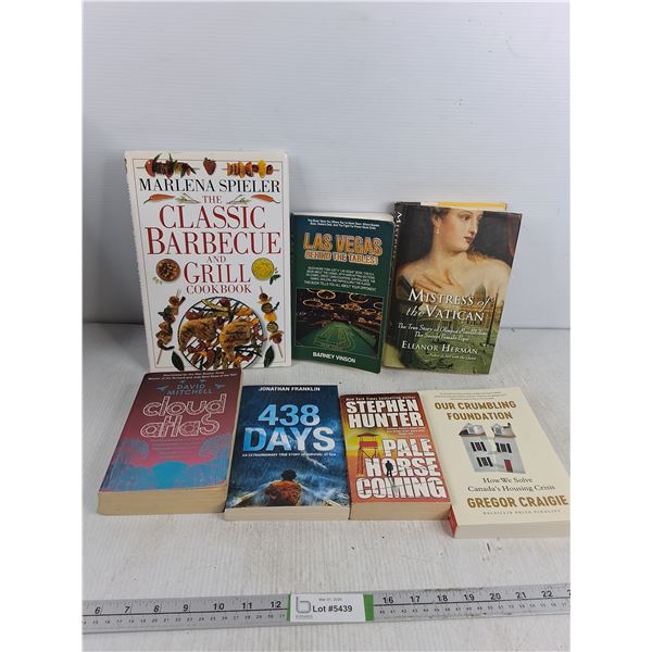 (7) Assorted Books- Cooking Book, 438 Days, Cloud Atlas