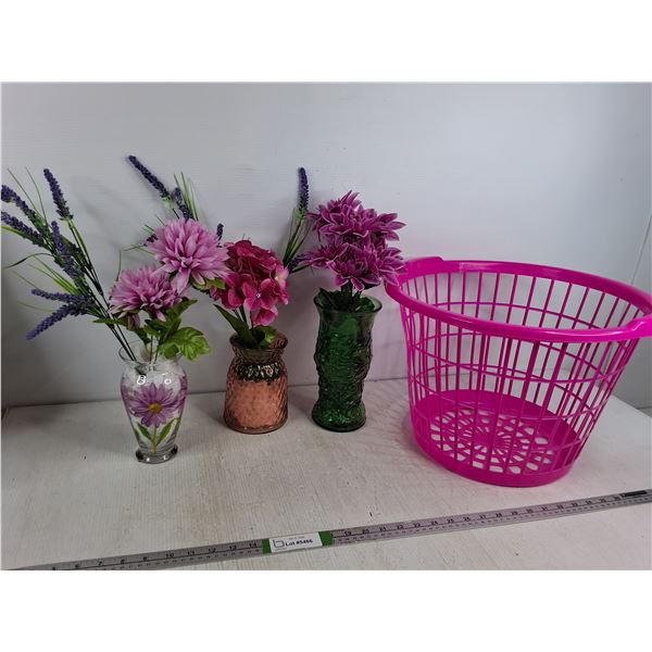 (3) Glass Vases w/ Fake Flowers & Pink Laundry Basket - PICK UP
