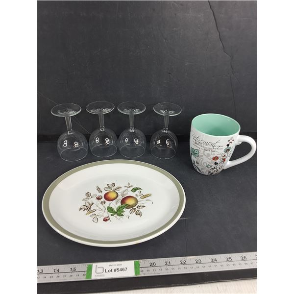 (4) Wine Glasses, Decorative Plate & Retirement Mug