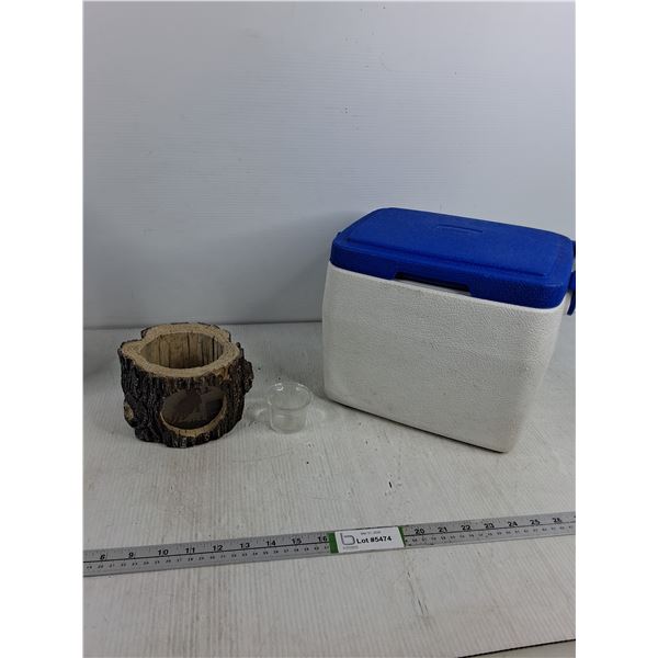 Wooden Log Candle Holder & Small Cooler - 11" x 10" x 10"