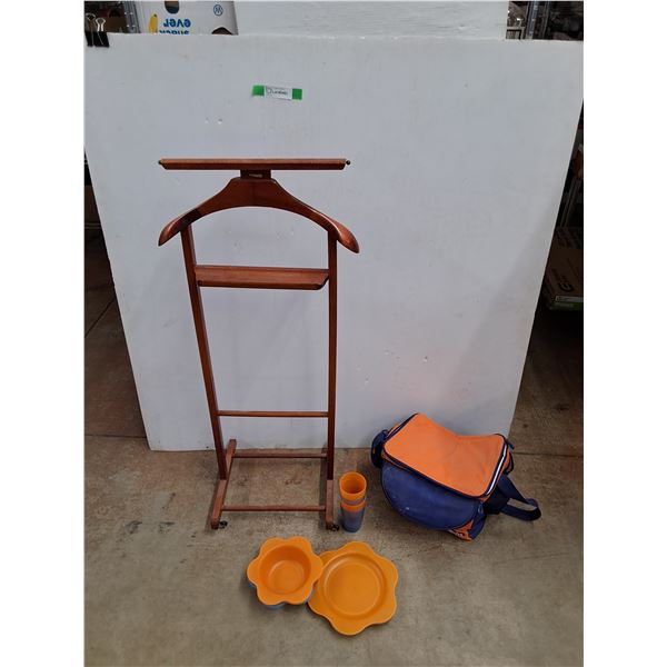*Rolling Clothes Rack 42" x 17" x 12", M&M Cooler Bag, Plastic Dining Cups, Bowls, Plates & Cutlery