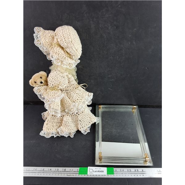 Knitted Doll w/Teddy, Mirror Tray 11" x 8"