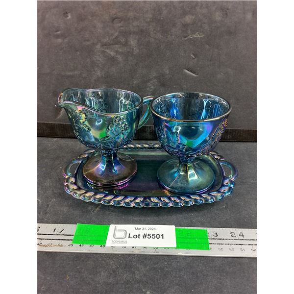 Collectible Blue Iridescent Cream & Sugar Set w/ Tray